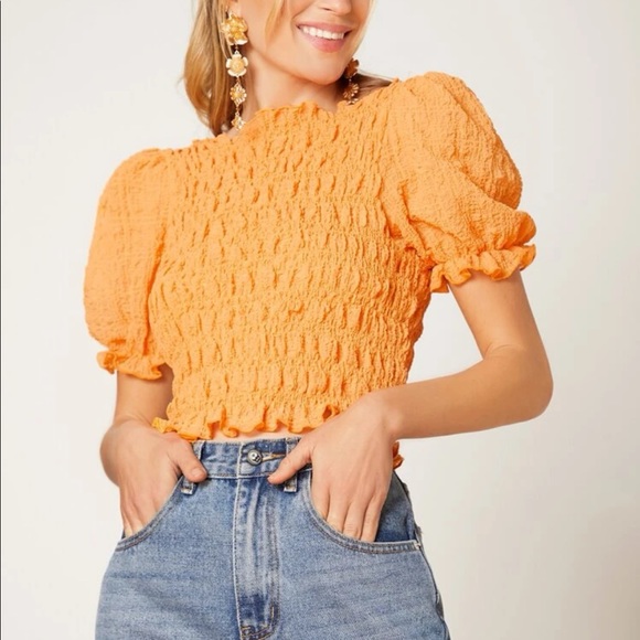 Tops - Frill Trim Shirred Ruffle Hem Puff Sleeve Top